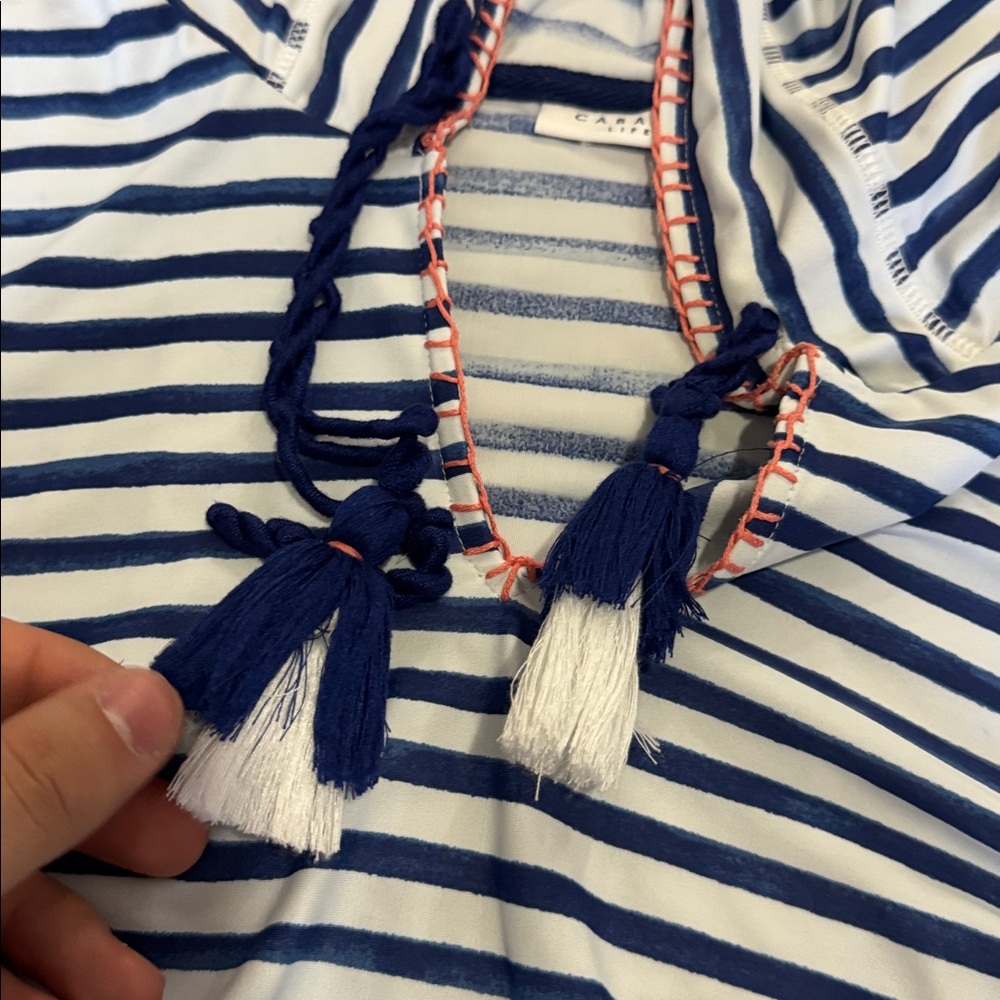 Navy Stripe Hooded Cover Up with Tassels SPF - Picture 6 of 7